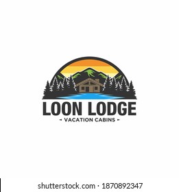 Cabin Logo template with mountain and lake view in forest