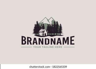 cabin logo vector graphic with pines and mountain for any business