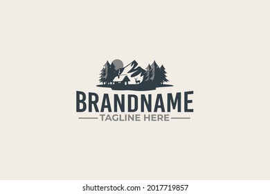 cabin logo vector graphic with pines, deer and mountain for any business especially for outdoor activity, hunting, travel and holiday, etc.