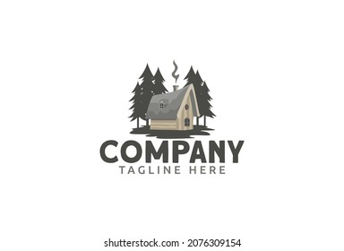 cabin logo with a vintage style wooden cabin in the forest.