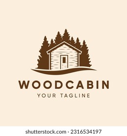 Cabin in the middle of a pine forest, on a beige background. Can be used for web and print. Vector EPS 10