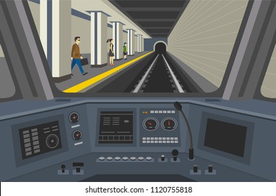 Cabin Of A Modern Metro Train. Interior Control Place Of Train. Inside View. Flat Vector Illustration Of Dashboard.