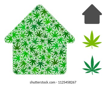 Cabin mosaic of cannabis leaves in variable sizes and green tinges. Vector flat marijuana leaves are grouped into cabin mosaic. Narcotic vector design concept.