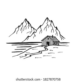 Cabin in mountains. Landscape black on white background. Hand drawn rocky peaks in sketch style. Vector illustration.