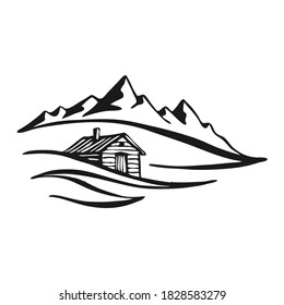 Cabin in mountains. Landscape black on white background. Hand drawn rocky peaks in sketch style. Vector illustration.