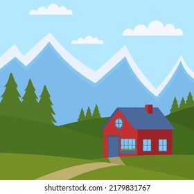 Cabina En Las Montañas Ilustración Del Vector De Paisaje De Estilo Plano