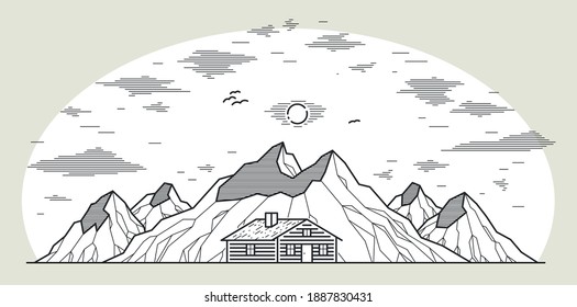 Cabin in mountains linear vector nature illustration isolated on white, log cabin cottage for rest, holidays and vacations theme line art drawing, beauty in nature, woodhouse resort.