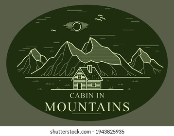 Cabin in mountains linear vector nature emblem on dark, log cabin cottage for rest, holidays and vacations theme line art drawing, high peaks landscape logo.