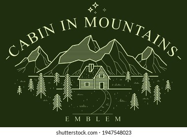 Cabin in mountains linear vector nature emblem on dark, log cabin cottage for rest in pine forest, holidays and vacations theme line art drawing logo.