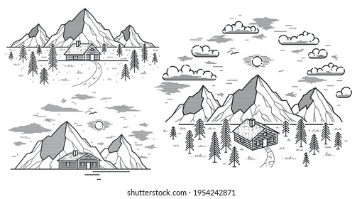 Cabin in mountains linear vector nature illustration isolated on white, log cabin cottage for rest in pine forest, holidays and vacations theme line art drawing.