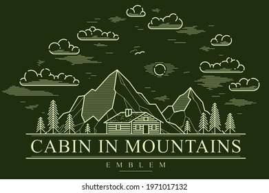 Cabin in mountains linear vector nature emblem on dark, log cabin cottage for rest in pine forest, holidays and vacations theme line art drawing logo.