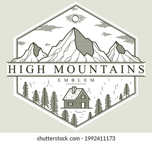 Cabin in mountains linear vector nature emblem isolated on white, log cabin cottage for rest in pine forest, holidays and vacations theme line art logo.