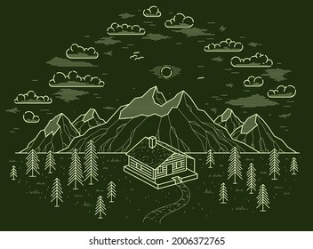 Cabin in mountains linear vector nature illustration on dark, log cabin cottage for rest in pine forest, holidays and vacations theme line art drawing.