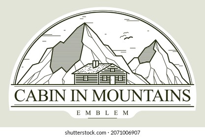 Cabin in mountains linear vector nature emblem isolated on white, log cabin cottage for rest, holidays and vacations theme line art drawing logo, beauty in nature, woodhouse resort.