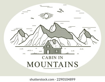 Cabina en montañas emblema de naturaleza vector lineal aislado en blanco, cabaña de troncos para el descanso, vacaciones y vacaciones tema línea de arte logo, belleza en la naturaleza, complejo de carpintería.