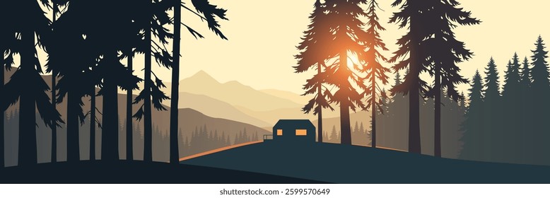 Cabin in the mountains, panoramic travel vector illustration, sunset in forest beautiful nature outdoor landscape, summer getaway house on a hill with a view