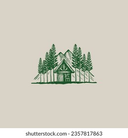 Cabin in the mountains with pine tree