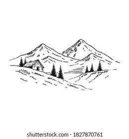 Cabin in mountains with pine trees. Landscape black on white background. Hand drawn rocky peaks in sketch style. Vector illustration.