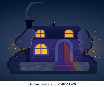 Cabin at night. On the roof sits and watches the kitty. The lights are on, and there are trees and bushes around the house. Smoke is coming from the chimney. There is magic and beauty all around