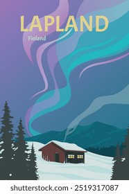 Cabina con auroras boreales en Laponia Ver diseño de ilustración de póster vintage, decoración de póster de Finlandia