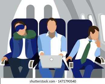 The cabin, passengers of the flight. In minimalist style. Cartoon flat vector Illustration