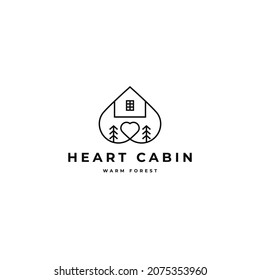 Cabin with pin trees and Heart symbol simple modern line art logo icon sign design concept. Vector illustration