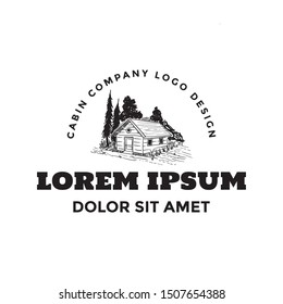 Cabin in pine forest american nature logo hand drawn template