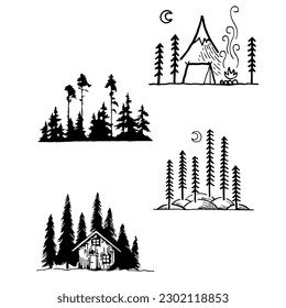 a cabin in a pine forest, a tent, a campfire, and the moon. Black and white vector silhouette EPS 10