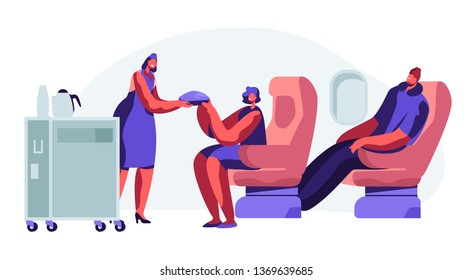 Cabin of Plane with Stewardess and Passengers, Mealtime in Economy Class. Woman, Man on Seats. Hostess with Food Cart in Aisle of Salon. Comfortable Journey, Jet Trip. Cartoon Flat Vector Illustration