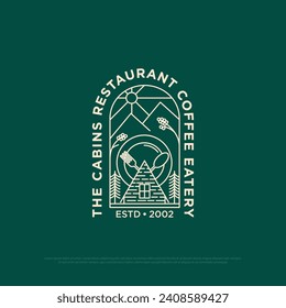 Das Kabinenrestaurant-Logo-Design, Naturkaffeestube, Vektorgrafik mit Konturstil