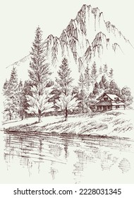 Cabin retreat  in the mountains, pine forest in winter season hand drawing
