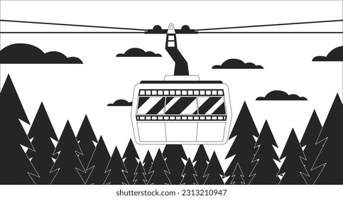 Cabin ropeway above forest skyline black and white lo fi chill wallpaper. Cableway in cloudy woods 2D vector cartoon landscape illustration, minimalism background. 80s retro album art, line art