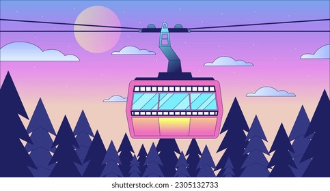 Cabin ropeway above sunset forest skyline lo fi chill wallpaper. Cableway in sunrise woods 2D vector cartoon landscape illustration, vaporwave background. 80s retro album art, synthwave aesthetics