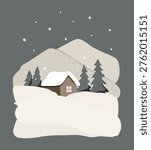 A cabin is shown in the snow with a mountain in the background. The cabin is small and cozy, with a window and a door. The snow-covered landscape creates a peaceful and serene atmosphere