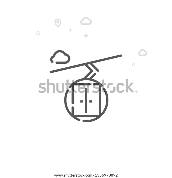 Cabin, Ski Lift, Cableway Vector Line Icon.\
City Urban Transport Symbol, Pictogram, Sign. Light Abstract\
Geometric Background. Editable Stroke. Adjust Line Weight. Design\
with Pixel Perfection.