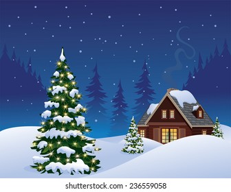 Cabin, Snow And Christmas Trees