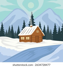 cabin at snow forest landscaped vector illustration graphic design . cottage or guesthouse nature view minimalist for business travel concept idea