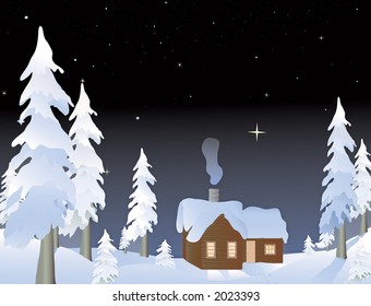 cabin in the snowy woods at night