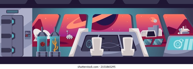 Cabin of the spacecraft. Fantasy spaceship interior, vector flat illustration. Astronomical technologies, room with spacecraft control instruments