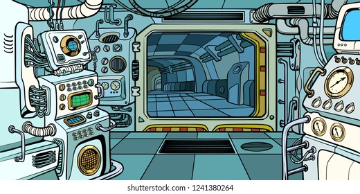 Cabina de la nave espacial. Pintura kitsch vectorial retro de arte pop