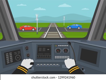 Cabin Of A Train At Cross Road. Interior Control Place Of Train. Inside View. Flat Vector Illustration Of Dashboard.