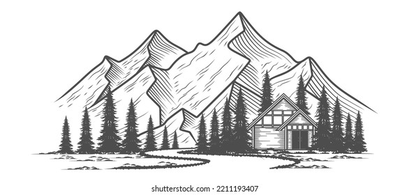 Hüttenvektordesign. Holzhütte-Illustration auf Berg- und Waldlandschaft