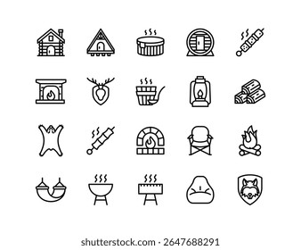 Cabin Vector Icon Set | Adjustable Line Weight | Lodge, sauna, fireplace, camping, barbecue, lantern, hammock, firewood, grilling, outdoors, cozy, wilderness, adventure icons