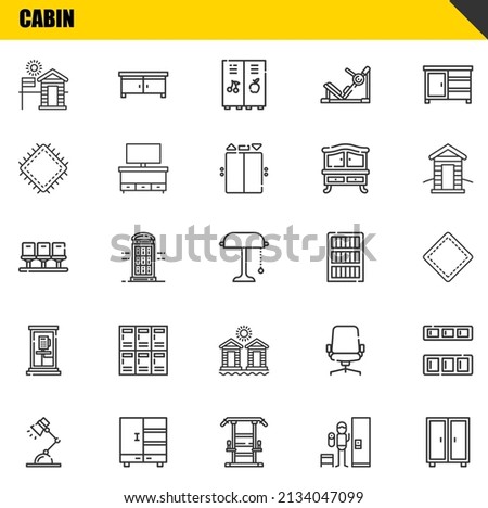 cabin vector line icons set. cabin, desk lamp and seats Icons. Thin line design. Modern outline graphic elements, simple stroke symbols stock illustration