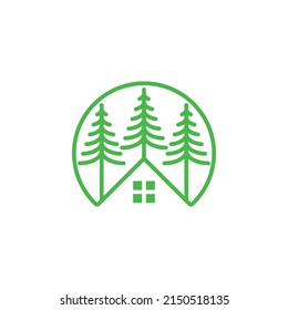 Cabin vector logo with cedar conifer pine trees. Minimalist and simple property icons. Line art retro hipster vintage symbol. Organic house, forest cottage design illustration. 
