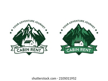 Cabin, villa, resort with mountain view. Outdoor house rent logo design template