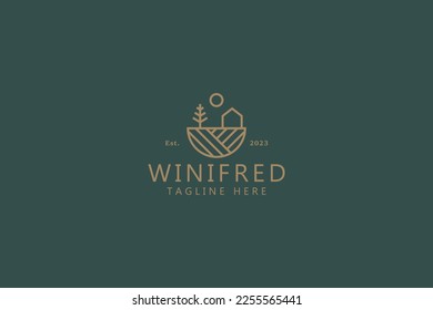 Cabin Village Abstract House Tree and Sun Illustration Logo Badge Design Template.