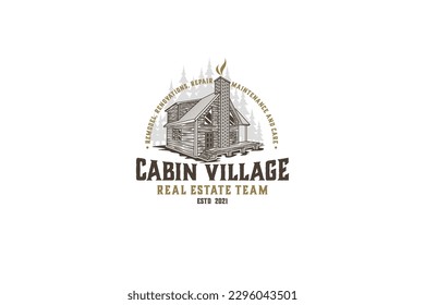 Cabin village lodge logo design rustic hand drawn illustration vintage style