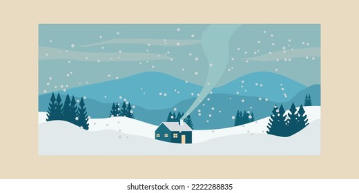 Cabin vintage poster winter with pine tree mountain snow background illustration design