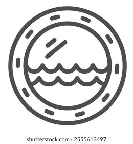 Cabin window with water waves line icon, cruise ship interior concept. Vector graphics. Round window with sea wave sign on white background, outline style icon for mobile or web design